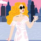 Illustration: Frau mit orange-blonden Locken, Sonnenbrille, helles Kleid; Hintergrund: Stadt-Silhouette und heller Himmel.