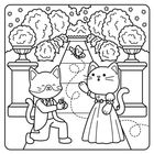 Eine Illustration: Zwei Katzen im formellen Outfit in einem Garten. Eine kniet mit einem Ring, die andere trägt ein Kleid. Schmetterlinge fliegen.