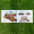 "Reptiles need water or shade to keep cool." Illustration: Kind auf Baumstämmen, Schlange bei Parkbank.