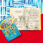 "SCUBA CATS" und Cartoon-Katzen mit Taucheranzügen, unterhalten sich, Bedienung eines Geräts, Schrimps erscheinen.