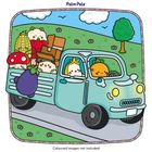 "Palm Pals" oben. Illustration: Fahrzeug mit lachenden Gemüsefiguren auf einer Straße, Wiese im Hintergrund.