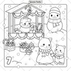 "Sylvanian Families" oben. Katzen in Winterkleidung, eine mit Kind. Markstand, Schneemann, Zuckerstangen, Topfpflanzen. Zahl 7.