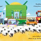 BEEP! What now?! Roadblock, BEEP! Line of traffic. Fluffy flock of sheep, farmers confused. Bunte Illustration mit Traktoren.