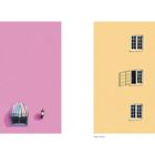 Links: "Fort Myers, Florida", rosa Fassade mit gestreifter Markise. Rechts: "Visby, Sweden", gelbe Wand mit zwei Fenstern.
