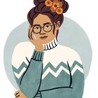 Illustration einer Person mit Brille, hochgestecktem Haar und Schmuckblumen im Haar, trägt einen Pullover mit Zickzackmuster.