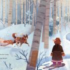 Links: „Sage schnallte ihre Schneeschuhe an... Du bist zu klein für so eine lange, kalte Reise.“ Rechts: „CRUNCH, CREAK, SWISH! In den Wald ging der Snowshoe Express — ohne Sage.“ Zwei Personen in Winterkleidung neben einem Hund im verschneiten Wald.