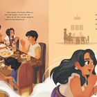 Links: Menschen essen an einem Tisch. Rechts: Zwei Kinder flüstern und lächeln, im Hintergrund eine verblasste Familientafel.