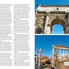 Links oben befindet sich detaillierter Text über die Curia, das Rostrum und den Triumphbogen von Septimius Severus. Rechts sieht man zwei Fotos antiker römischer Bauwerke mit blauen Himmel im Hintergrund.