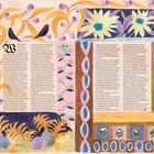 Es gibt keinen Text, den ich wiedergeben kann. Illustration mit Blumen, Vögeln und abstrakten Mustern in leuchtenden Farben.