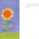 Text: "Don't sweat the small stuff. What have you learned to let go of—and what peace did it bring you?" Illustration: Zwei Sonnenblumen vor lila Hintergrund, Libelle oben links.