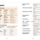 "Transport", "KEY PHRASES", "GETTING AROUND". Es enthält englische und spanische Reisephrasen mit Umschrift.