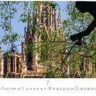 "La Catedral" steht neben einem Kalender mit Juli-Daten. Eine gotische Kathedrale ragt hinter grünen Zweigen hervor.