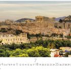 "Athen Acropolis", Monatsübersicht mit Zahlen. Antike Bauten auf Hügel, umgeben von grünem Wald und einer Stadt.