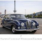 BMW 502, CASA RES EDITION; Kalenderblatt mit einem klassischen blauen Auto auf einer städtischen Straße.