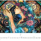 Text: "Glasfenster", "Casares Edition", Zahlen von 1 bis 31, 7 groß dargestellt.  
Illustration einer Frau mit Blumenkranz im Haar, im Jugendstil.