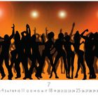 Kalenderblatt mit Zahlen von 1 bis 31, unten steht "7". Silhouetten tanzender Menschen auf orangefarbenem Hintergrund.