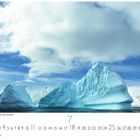 "Landschaft mit Schnee, Eis und Wolken" in Kalenderform. Eisberge vor blauem Himmel und Wolken, Zahlen darunter.