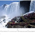 "Niagara Fälle." Zahl 7. Kaskadierender Wasserfall, mit Menschen auf roten Stegen und Felsen im Vordergrund.