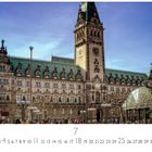 Rathaus und Kalender mit Tagen 1 bis 31. Großes Gebäude mit grünem Dach, Turm und Uhr; Menschen und Bäume im Vordergrund.