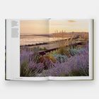 Links befindet sich ein Textblock. Rechts ein Foto mit Lavendelfeld am Meer, im Hintergrund der Sonnenuntergang.