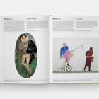 Text: "Hilliard Nicholas" und "Himid Lubaina." Links Miniaturgemälde mit Person, rechts bunte Figur mit Karotte auf Einrad.