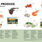 "Local Produce from the Source" oben, Bilder von Lebensmitteln: Krabben, Fisch, Nüsse, Erdbeeren, Honig, Garnelen, Avocado, Käse.