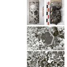 Fig. 4 zeigt Betonkerne mit schwarzem, beigefarbenem Gestein. Fig. 5 zeigt Korrosion, kristalline Strukturen. Rechts Maßstab.
