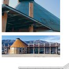 Text: „V. CHAR”
Gebäude mit konischem Dach, hölzernen Säulen, malerische Berglandschaft; skizzierte Seitenansicht darunter.