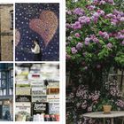 Links: "Ye Olde Cheshire Cheese", Agatha Christie Bücher. Rechts: Ein Tisch vor einem blühenden Rosenbusch.