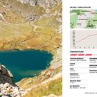Titel: San Carlo - Capanna Cristallina. Karte mit Route, Höhenprofil und Details zur Strecke: 12,5 km, 2576 m höchster Punkt. Links Gebirgslandschaft mit See.