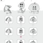 "Welcher Schirm ist gleich? Kreuze an."  
Oben Schirme mit Zeichen. Auswahl oben, sechs Optionen unten zum Ankreuzen.