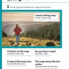 "DAY 3 map die Karte. I need a hiking map. I'll find it on the map. Do you have a map? A map of the local area. This map shows the bus routes." 

Eine Person mit roter Jacke steht in einer weiten, grünen Landschaft.