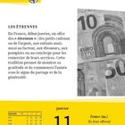 Kulturseite über französische Tradition "Les Étrennes". Kalender zeigt Montag, 11. Januar. Gelber Hintergrund mit Euro-Bild.
