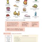 Titel: "Menge, Gewicht und Verpackung." Illustrationen von Lebensmitteln mit italienischen Beschriftungen, Textübungen darunter.