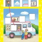 Oben steht "EIS". Ein Eiswagen mit einer Verkäuferin drin, draußen sind zwei Kinder.