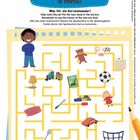 "What a mess!" und "Was für ein Durcheinander!" Ein Labyrinth mit Spielsachen: Teddy, Ball, Zug, Puppe. Junge oben links.
