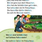Text über Schildkröten, die in ein Freigehege gebracht wurden. Eine Illustration zeigt Charaktere und Schildkröten.