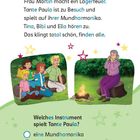 Text über eine Sommerabend-Szene mit Lagerfeuer. Drei Kinder lauschen einer Frau, die Harmonika spielt. Quiz unten.