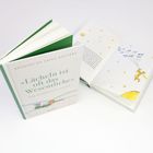 Buchcover mit grünem Rand: „Lächeln ist oft das Wesentliche“. Geöffnetes Buch mit Zeichnung: Mensch zieht Vögel.