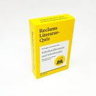Reclams Literatur-Quiz: Gelbe Box mit Text "50 Fragen und Antworten" und einem Kreis mit Schreibmaschinensymbol.