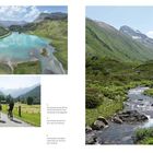 Texte beschreiben den Kopssee und die Ill-Rhein-Route bei Partenen. Bilder zeigen Berge, einen See, einen Bach und Radfahrer.