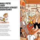 V. WAS PETE IN DER BLEECKER STREET WIDERFÄHRT. Links Pete mit Kescher auf Treppe, rechts eine belebte Espressobar.