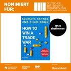 Nominiert für Deutscher Wirtschaftsbuchpreis 2026. Buchcover mit Titel "How to Win a Trade War" auf blauem Hintergrund mit gelben Spielfiguren.