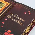 „Ich akzeptiere die Scheidung“ steht in kunstvoller Schrift. Daneben Rosen und eine Gemäldeillustration.