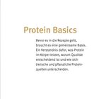 „Protein Basics“ gefolgt von Erklärung zur Bedeutung von Proteinen und Unterscheidung tierischer und pflanzlicher Quellen.