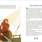 Titel: Das Trojanische Pferd. Zwei Spalten Text über die Sage von Troja und Odysseus. Illustration: Kämpfer mit Schwert.