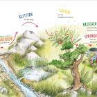 Illustration mit einem schmalen Fluss, Brücke, Bergen, Bäumen und spielenden Tieren unter Pusteblumen.