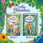 Text: "Emilia Blumenherz", "Band 1", "Band 2". Illustration von Blumen und einem Mädchen mit roten Haaren.