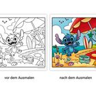 "Vor dem Ausmalen", "nach dem Ausmalen". Links schwarz-weiß, rechts ein buntes Strandbild. Kleines Wesen freut sich.