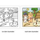 Vor dem Ausmalen, nach dem Ausmalen. Illustration: ein Hund, ein Bär mit Flügeln, eine Katze mit Pfeil, in einem Park.